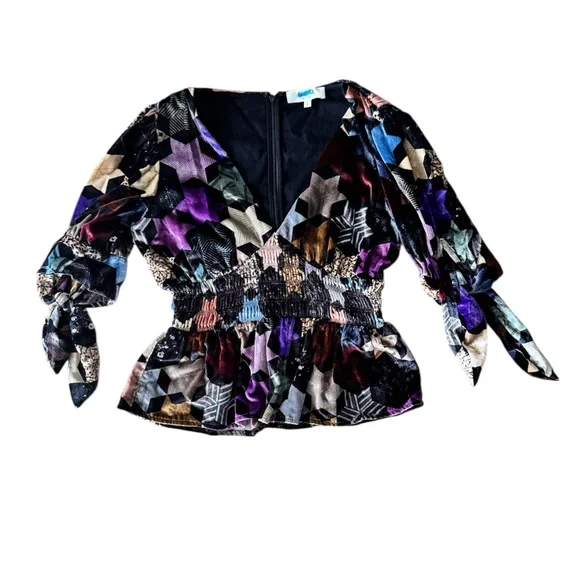Sea New York Estella Velvet Smocked V Neck Blouse Stars Purple Dark Small